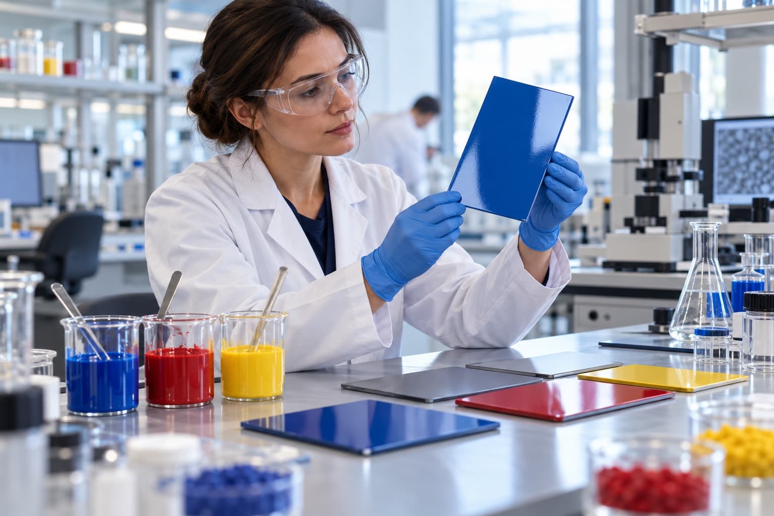 Coatings scientist examining a blue test panel in a materials laboratory