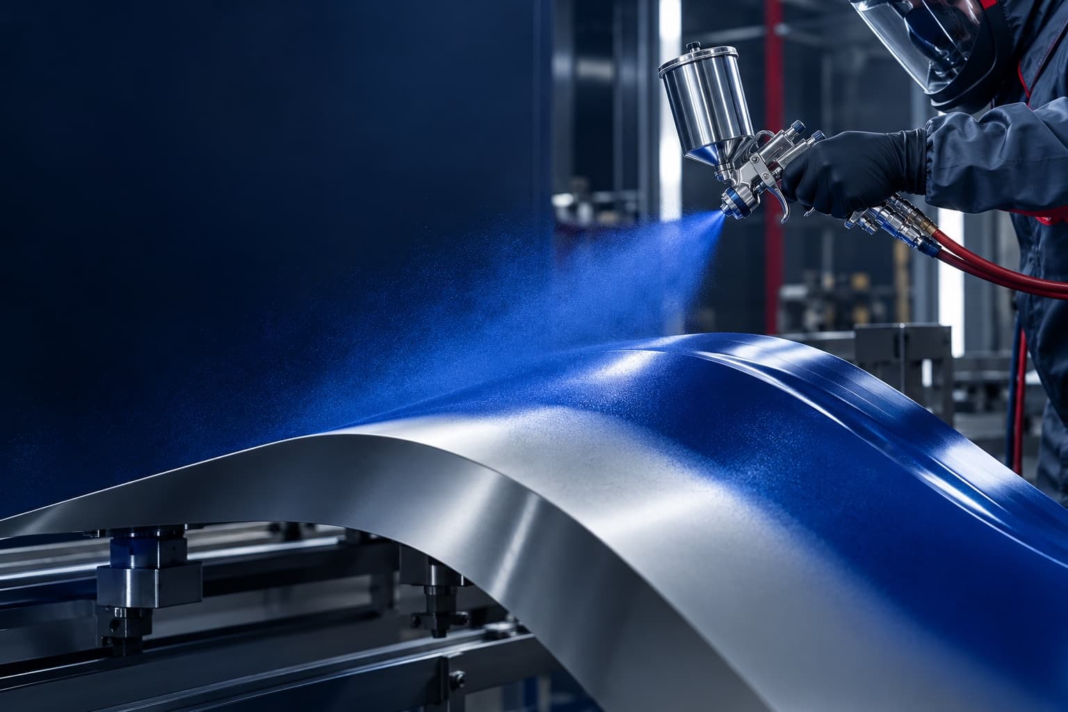 Specialist applying a precision blue coating to a curved metal surface