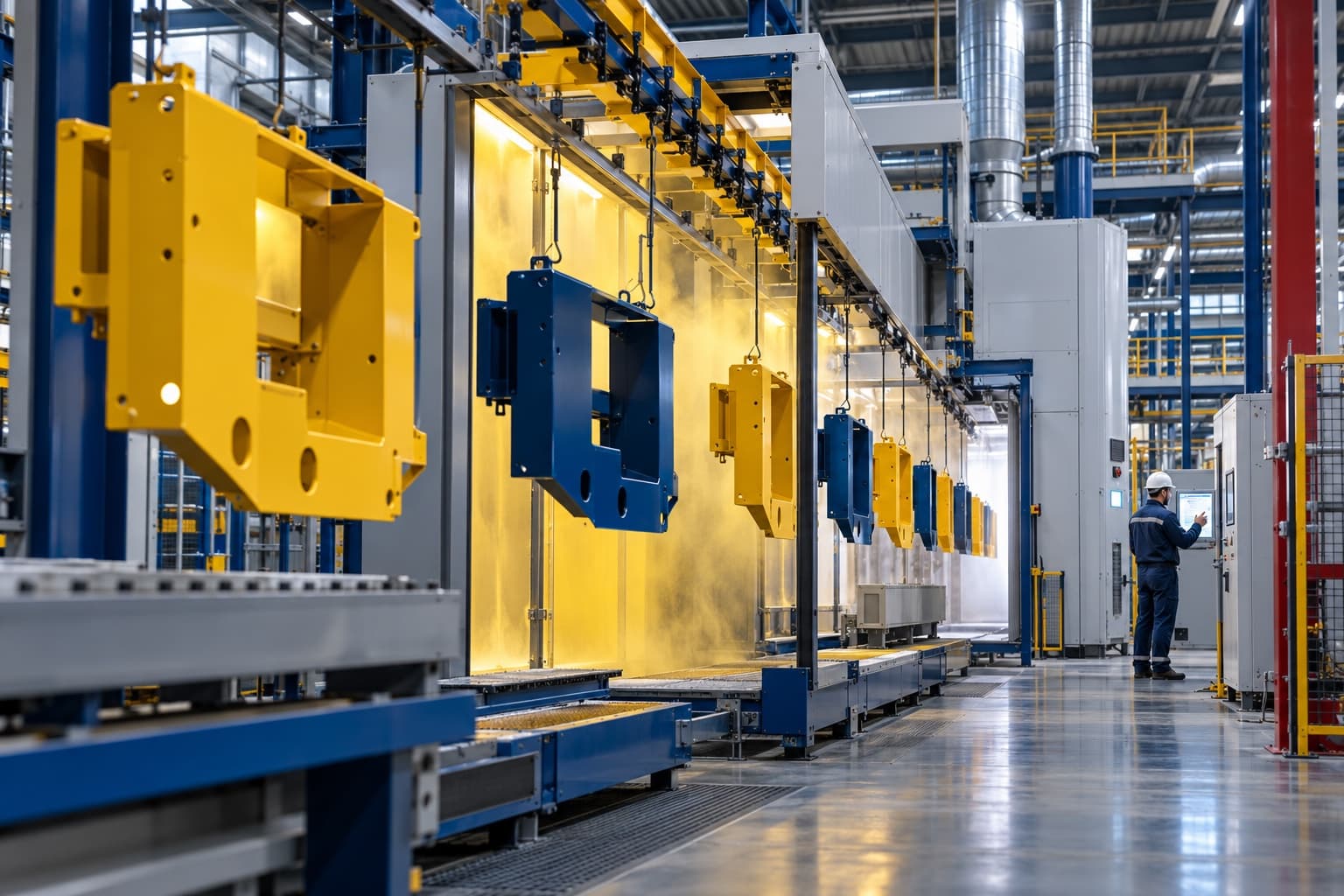 Automated powder-coating line finishing industrial metal components